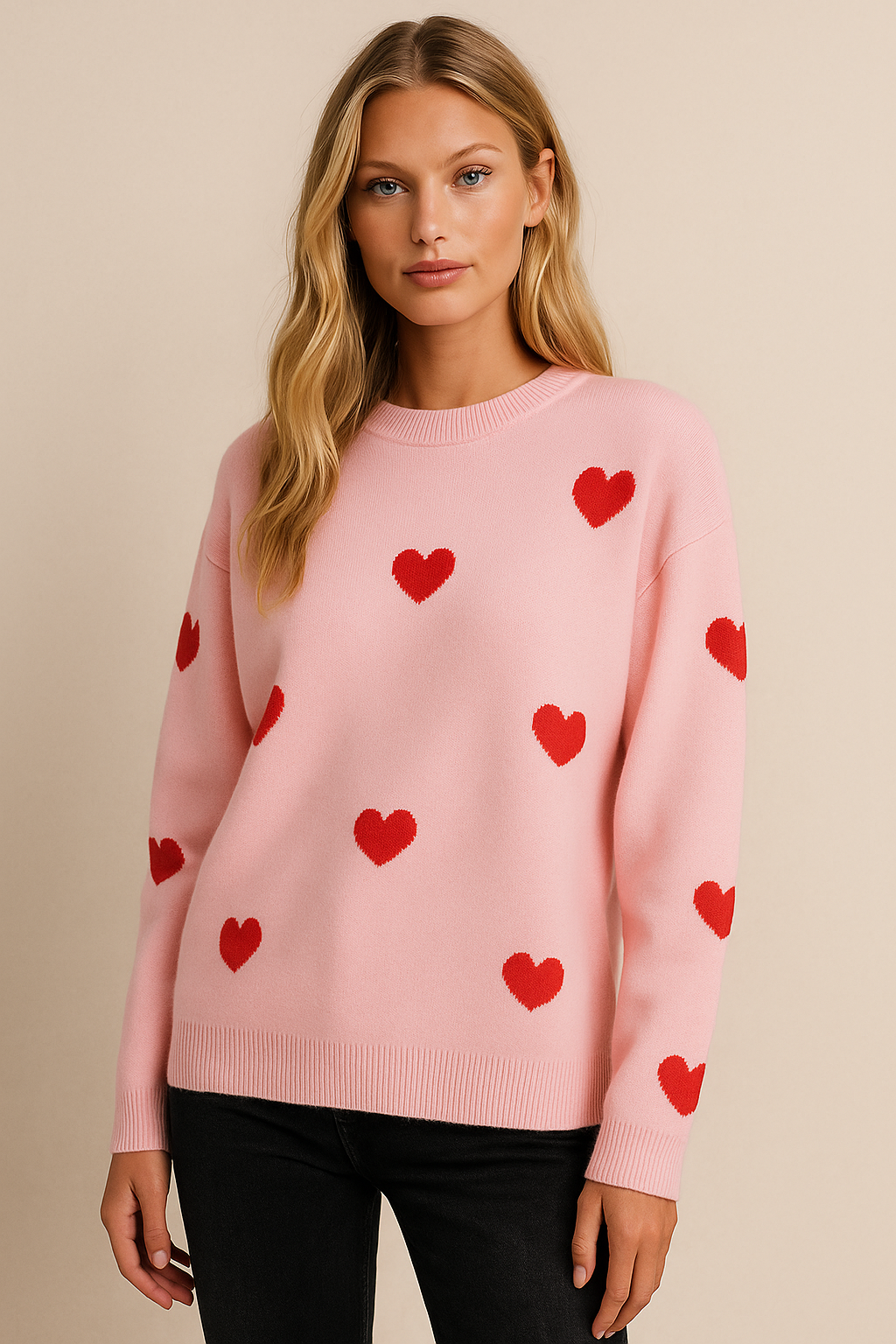 Dames Elegante Stijlvolle Ruimvallende Gebreide Trui met Harten Jacquard | Ralissa