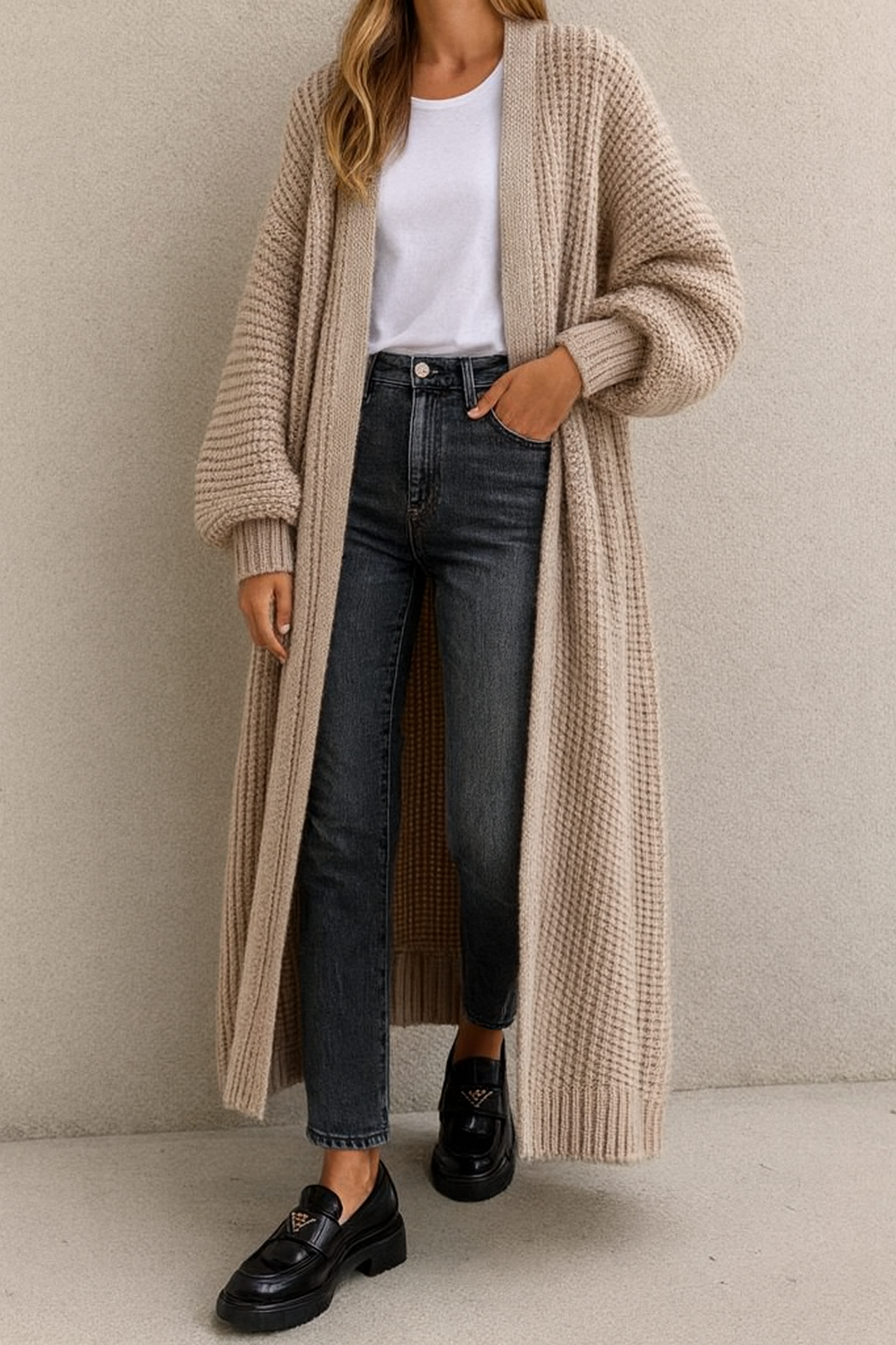 Dames Basic Elegante Veelzijdige Lang Gebreid Vest met Pofmouwen | Ramsi