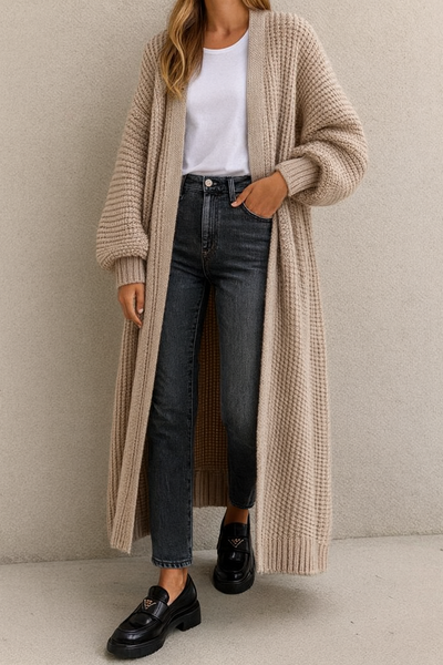 Dames Basic Elegante Veelzijdige Lang Gebreid Vest met Pofmouwen | Ramsi