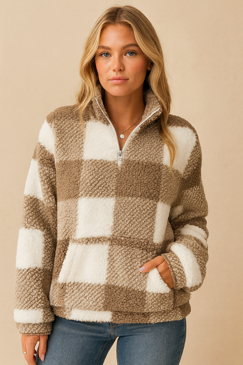 Dames Warme Comfortabele Geblokte Trui met Rits en Zakken | Regina