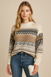 Dames Warme Trendy Gebreide Trui met Aztec Folklore Print | Rensy