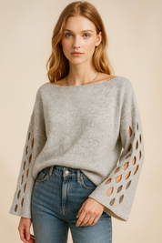 Dames Trendy Elegante Boot Hals Sweater met Opengewerkte Mouwen | Reveline