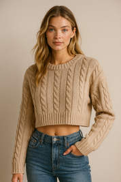 Dames Trendy Modieuze Cropped Trui met Ronde Hals en Kabel Patroon | Rimzy