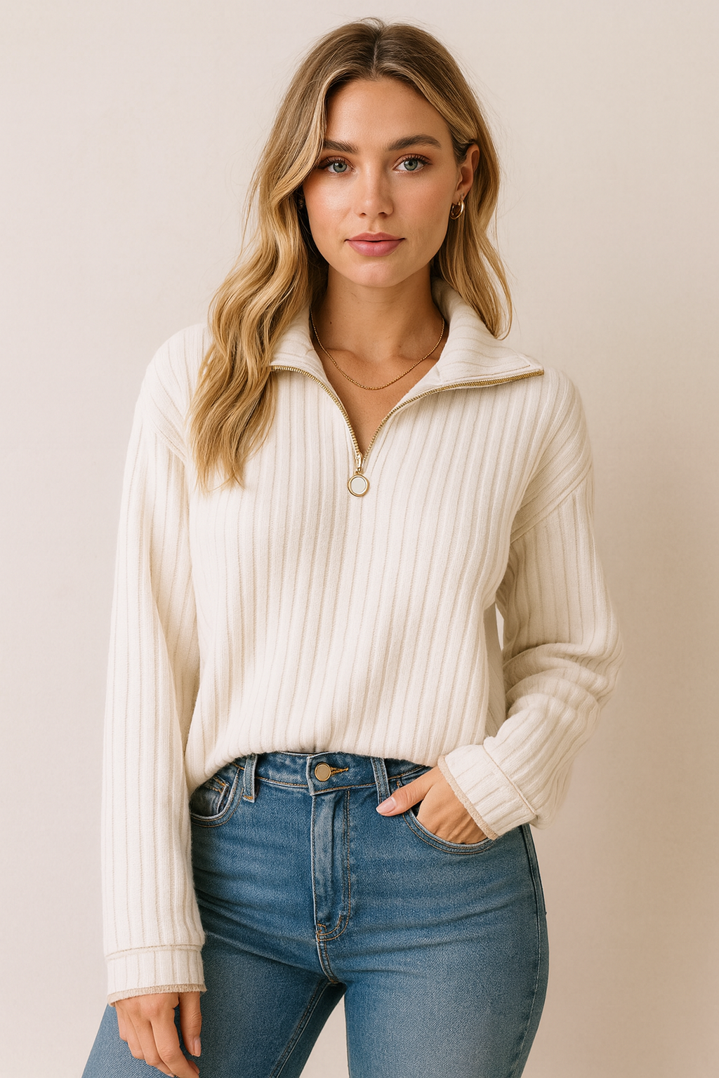 Dames Warme Trendy Rib Top met Lange Mouwen en Rits Detail | Riv