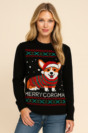 Dames Jacquard Kersttrui met Corgi Hond Print | Rivka