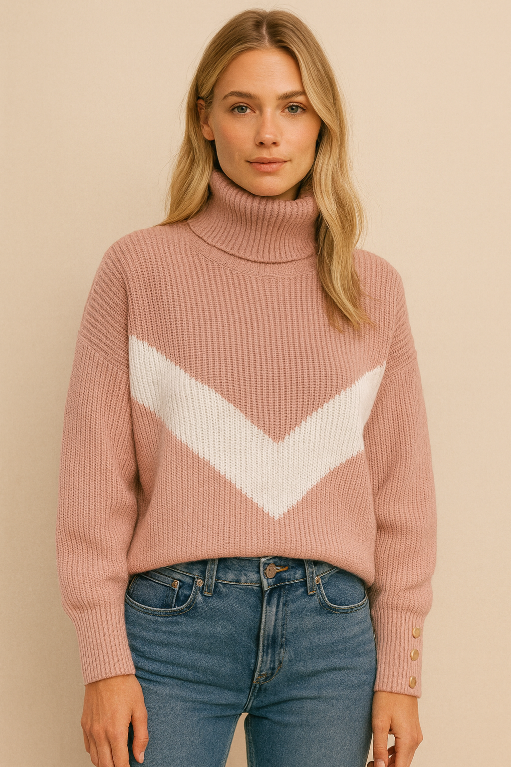 Dames Trendy Gebreide Coltrui met V-Motief en Kleur Vlakken | Romay