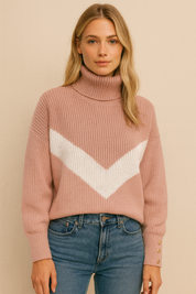 Dames Trendy Gebreide Coltrui met V-Motief en Kleur Vlakken | Romay