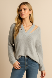 Dames Modieuze Elegante Stijlvolle Gebreide Trui met V-Hals en Cut-Out Detail | Royce