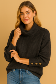 Dames Turtleneck Trui met Hoge Kraag en Knoopdetails | Runa