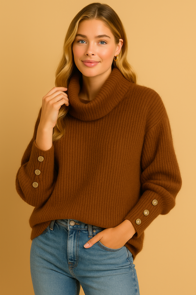 Dames Turtleneck Trui met Hoge Kraag en Knoopdetails | Runa