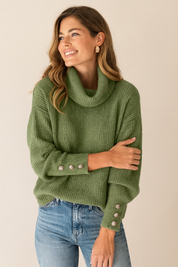 Dames Turtleneck Trui met Hoge Kraag en Knoopdetails | Runa