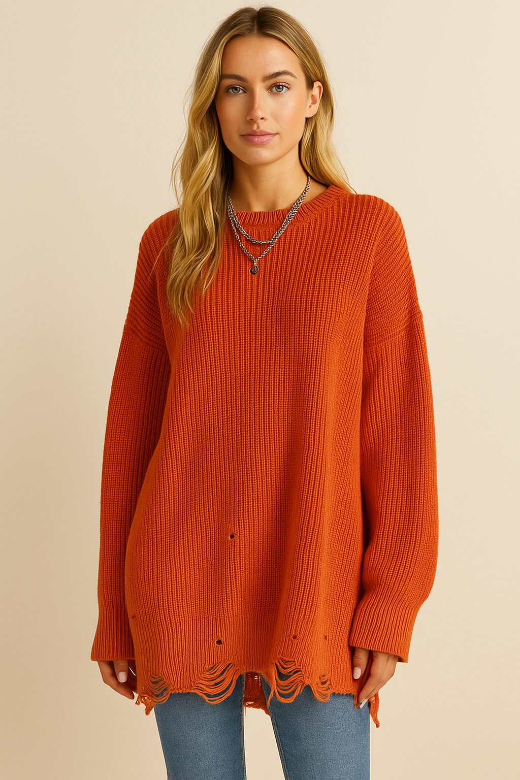 Dames Stijlvolle Modieuze Oversized Trui met Ronde Hals en Destroyed Details | Rusella