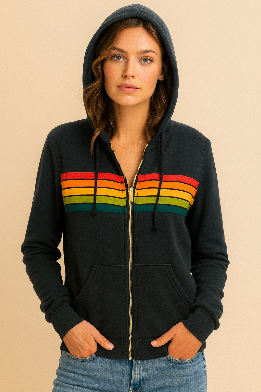 Dames Trendy Veelzijdige Hoodie Vest met Regenboogstrepen en Capuchon | Saba