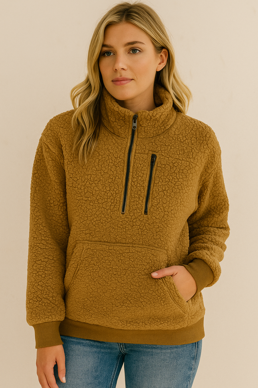 Dames Warme Teddy Fleece Trui met Hoge Kraag en Rits | Sael