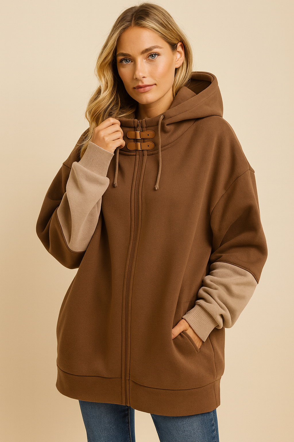 Dames Oversized Patchwork Hoodie Vest met Rits | Sage