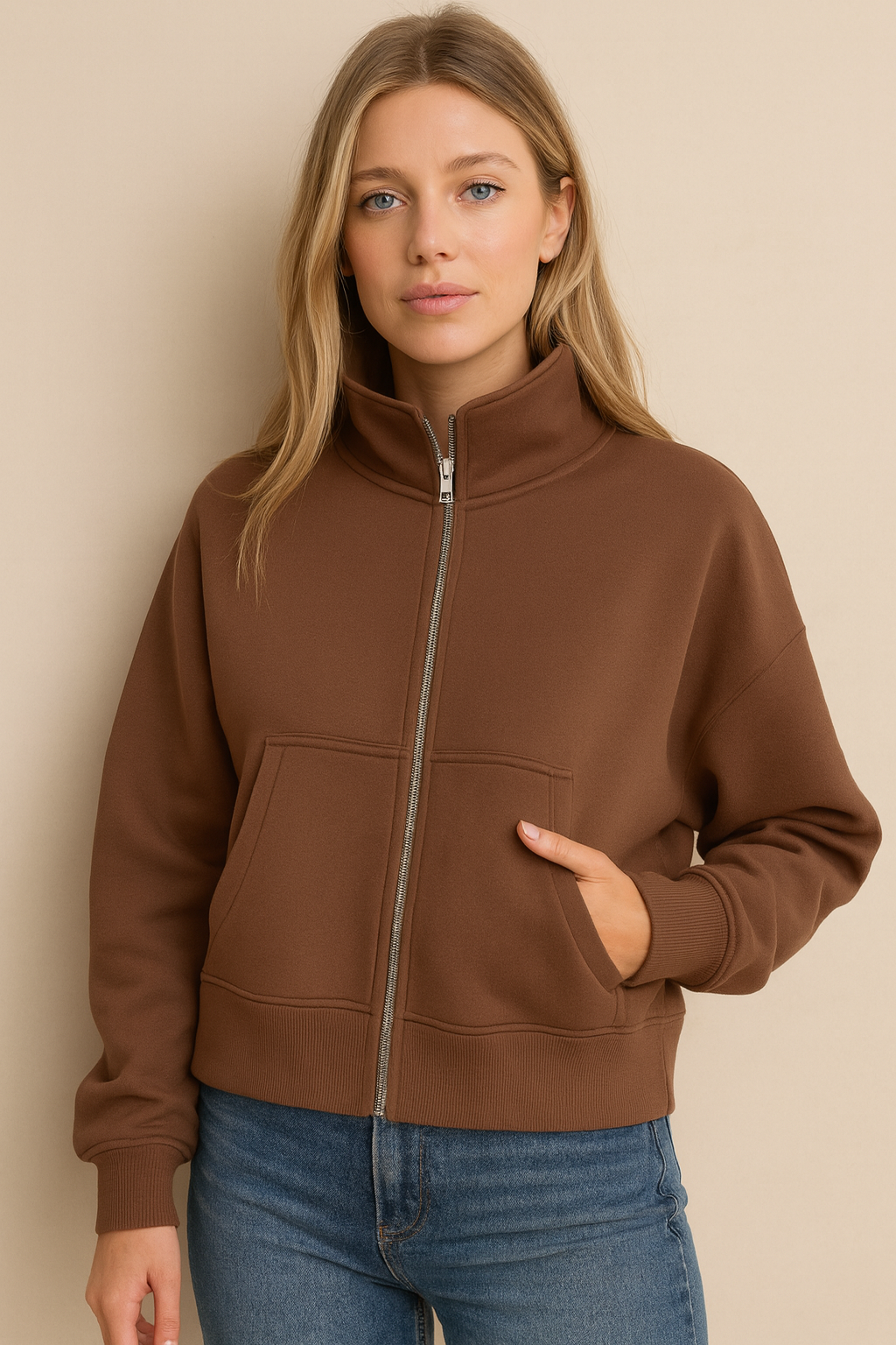 Dames Trendy Basic Stijlvolle Vest met Rits en Opstaande Hoge Kraag | Salie