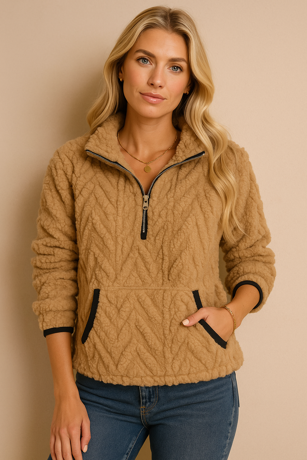 Dames Warme Comfortabele Kabel Teddy Half-Zip Trui | Sanette