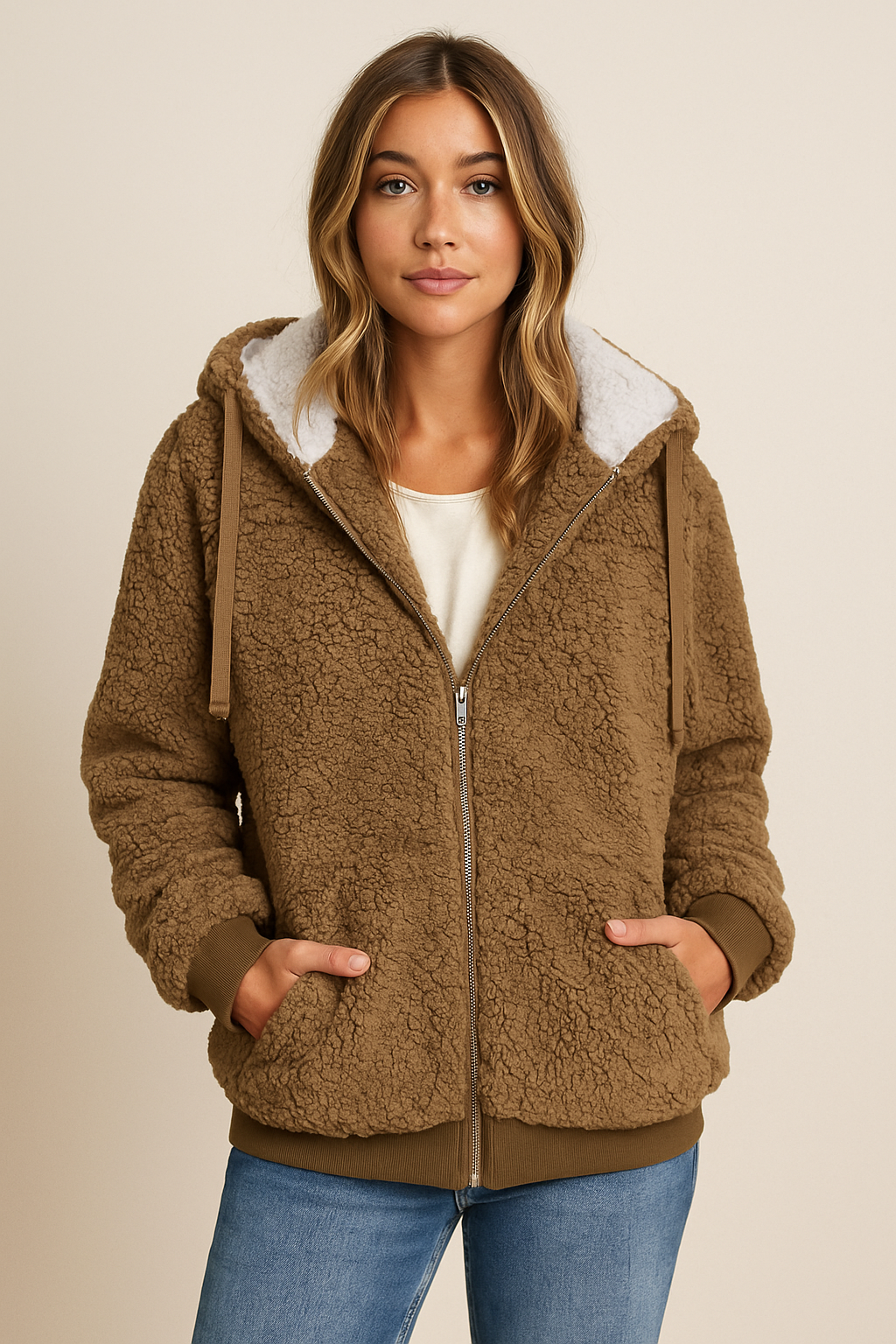 Dames Elegante Fleece Hoodie met Rits en Contrasterende Capuchon | Santana