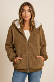 Dames Elegante Fleece Hoodie met Rits en Contrasterende Capuchon | Santana