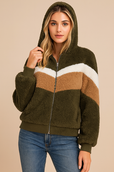 Dames Trendy Comfortabele Teddy Vest Hoodie met Rits en Kleur Vlakken | Shaloma