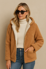 Dames Elegante Trendy Plush Beige Teddy Jas met Capuchon | Shania