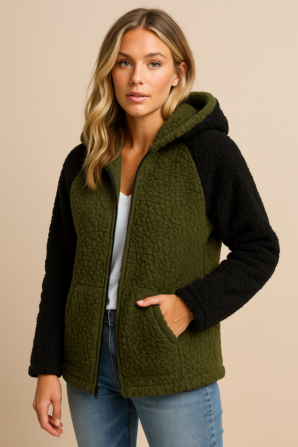 Dames Elegante Trendy Teddy Fleece Vest met Contrast Mouwen en Capuchon | Shantelle