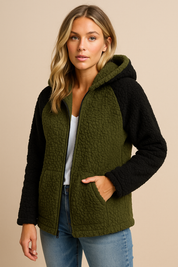 Dames Elegante Trendy Teddy Fleece Vest met Contrast Mouwen en Capuchon | Shantelle