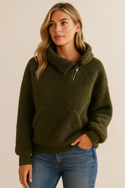 Dames Veelzijdige Elegante Warme Teddy Trui met Kraag en Rits Detail | Shelva