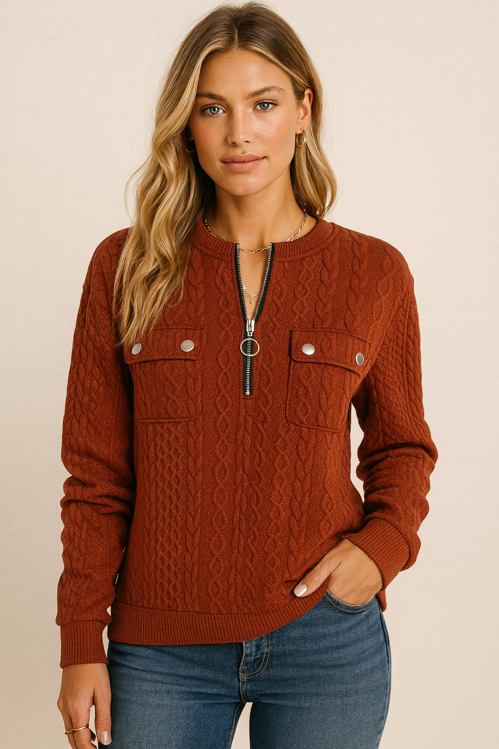 Dames Structuur Sweater Top met Rits en Zakken | Sienna