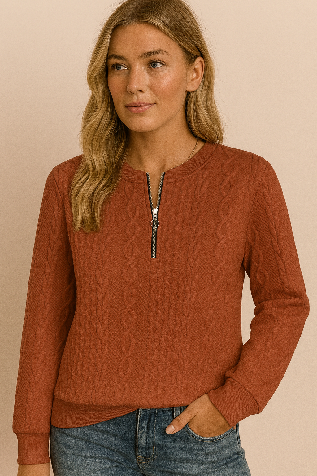 Dames Kabel Structuur Sweater Top met Rits | Simone