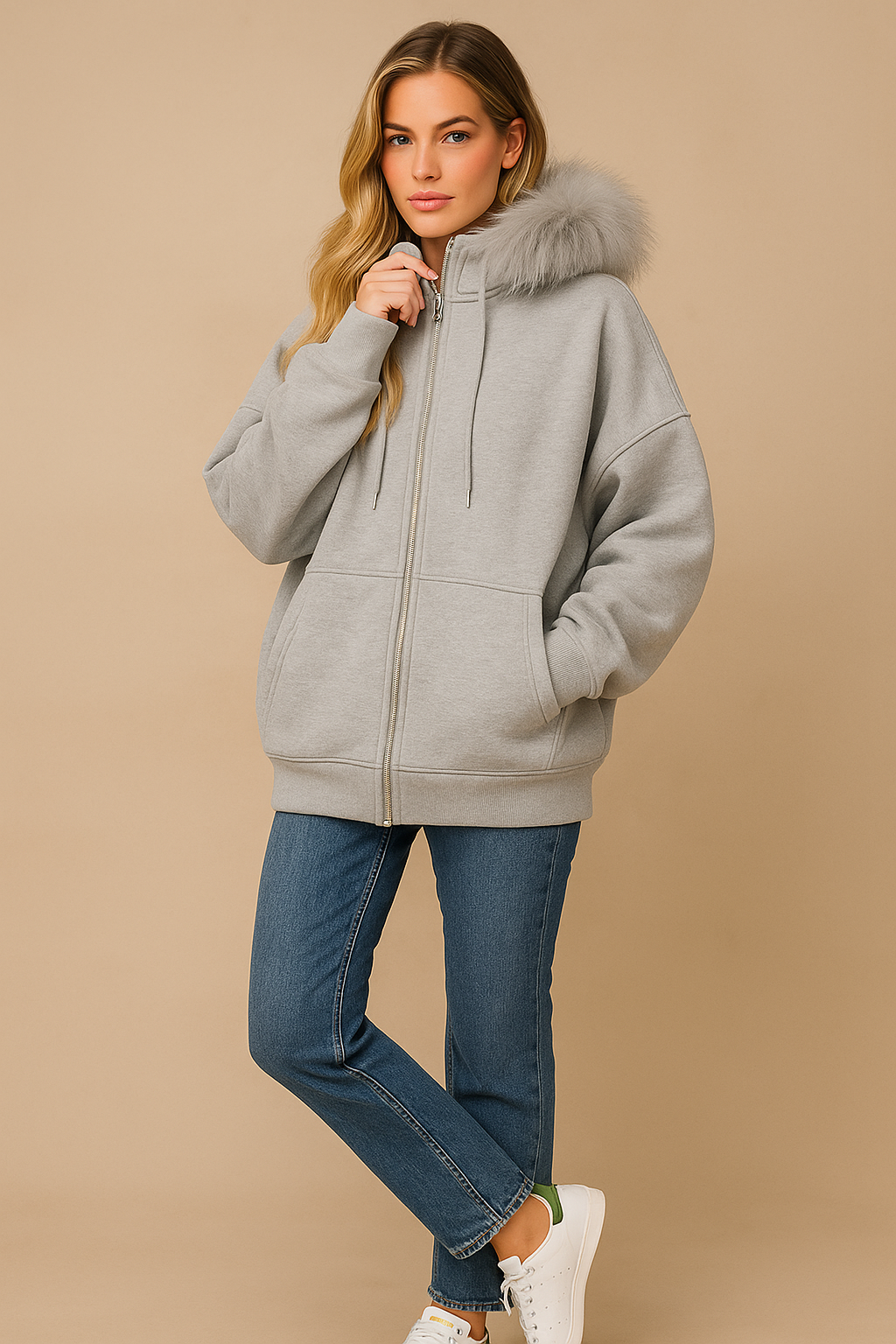 Dames Modieuze Oversized Hoodie met Rits en Zachte Bontkraag | Solandy