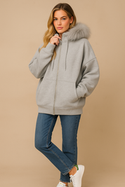 Dames Modieuze Oversized Hoodie met Rits en Zachte Bontkraag | Solandy