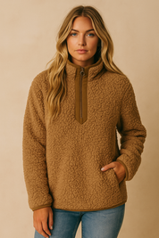 Dames Basic Casual Trendy Veelzijdige Teddy Fleece Trui met Rits en Hoge Kraag | Sophia