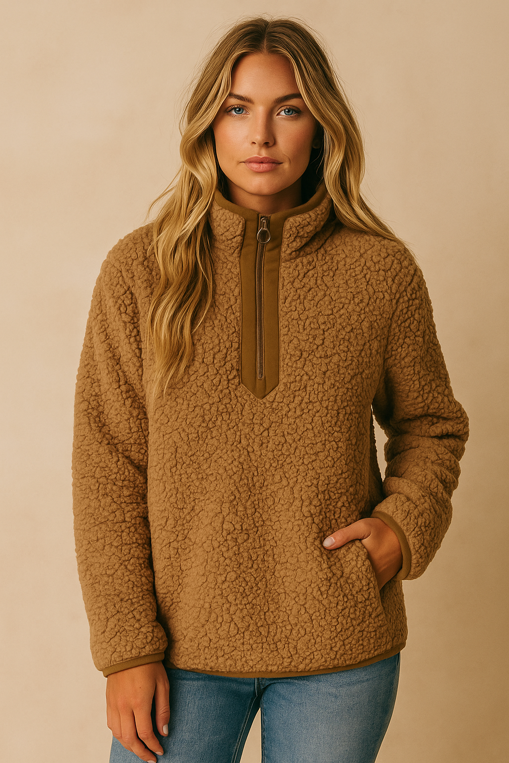 Dames Basic Casual Trendy Veelzijdige Teddy Fleece Trui met Rits en Hoge Kraag | Sophia