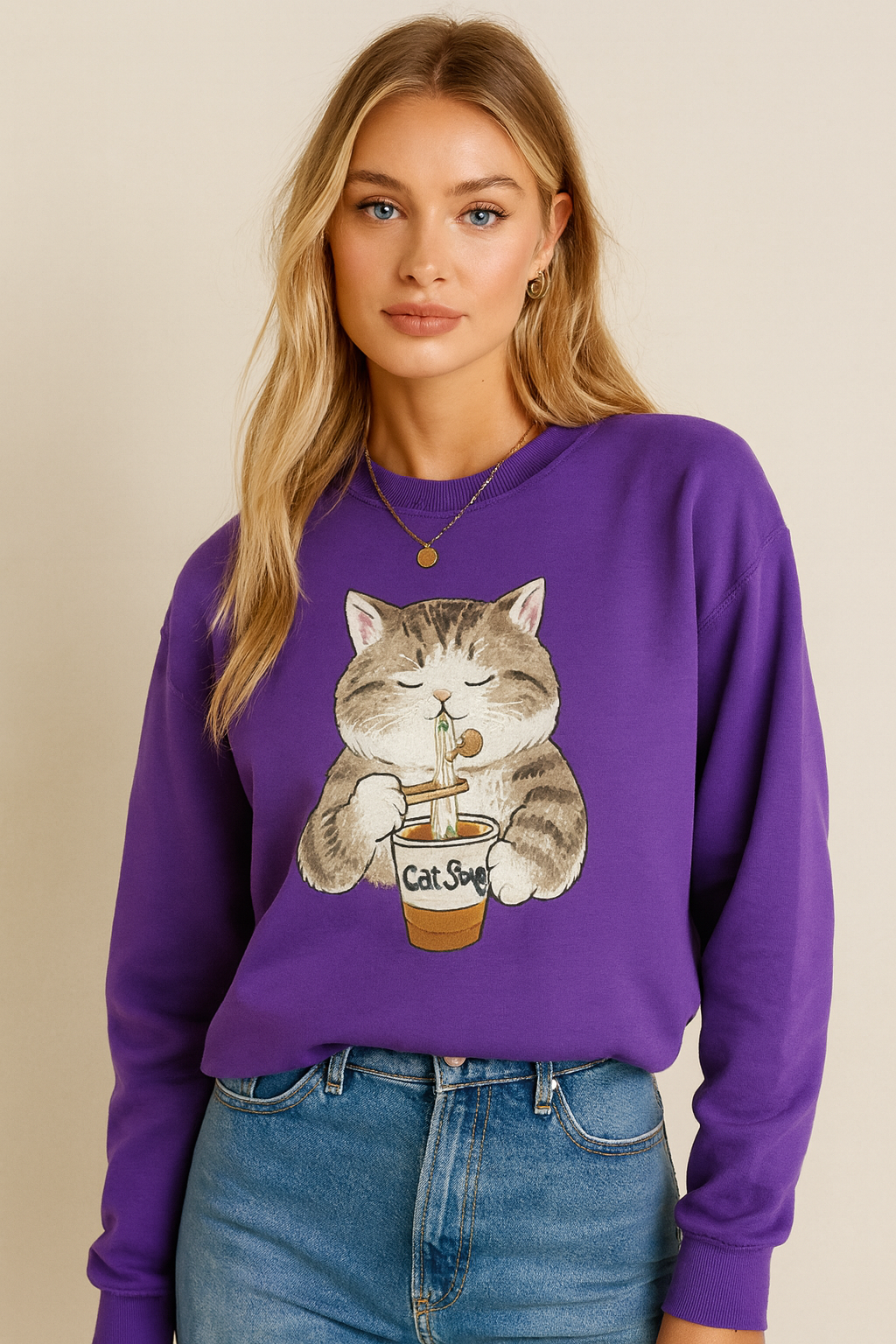 Dames Casual Crewneck met Katten en Noodles Print | Sunny