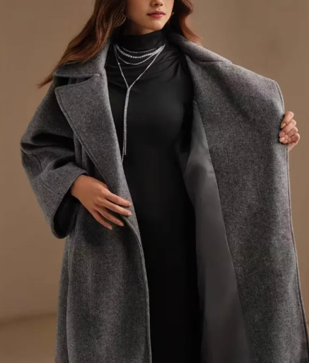 Dames Modieuze Elegante Lange Grijze Wollen Look Jas | Bluma