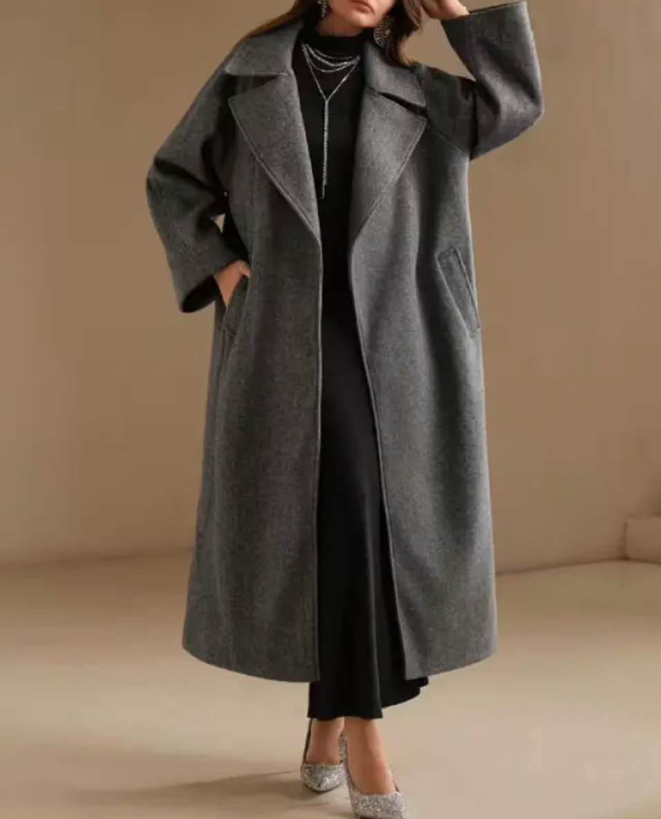 Dames Modieuze Elegante Lange Grijze Wollen Look Jas | Bluma