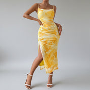 Skye | Gele Zomerse Slim Fit Midi Jurk Met Print & Split