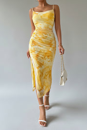 Skye | Gele Zomerse Slim Fit Midi Jurk Met Print & Split
