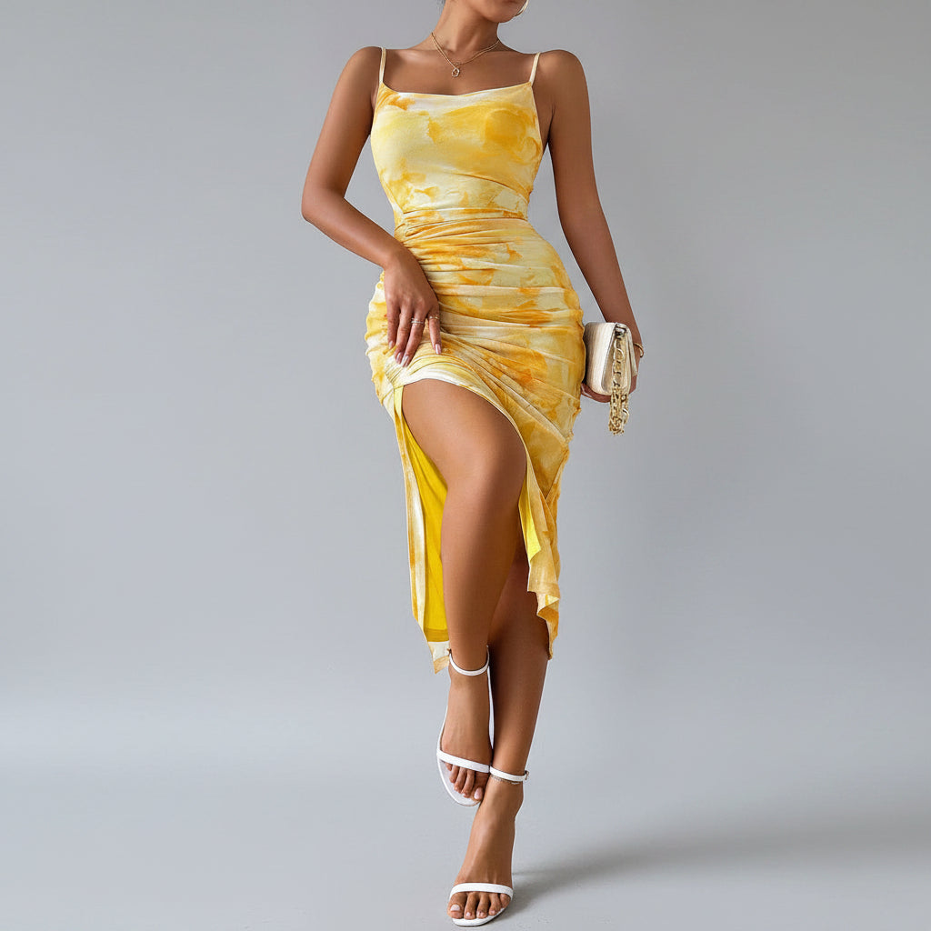 Skye | Gele Zomerse Slim Fit Midi Jurk Met Print & Split