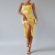 Skye | Gele Zomerse Slim Fit Midi Jurk Met Print & Split