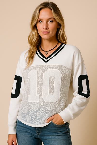 Dames Sportieve V-neck Jersey Top met Kant en Sportprint | Tania