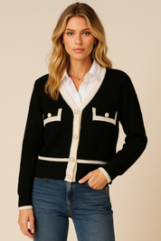 Dames Elegante Stijlvolle Parijs Look Vest met Gouden Knopen en Contrast Details | Thanely