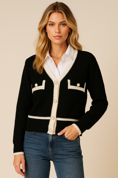 Dames Elegante Stijlvolle Parijs Look Vest met Gouden Knopen en Contrast Details | Thanely