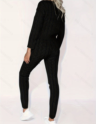 Dames Warme Tweedelige Lounge Wear Set met Legging en Top in Kabel Patroon | Delivra