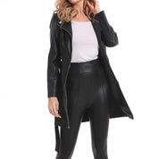 Dames Trendy Elegante Lange Zwart Biker Jas met Ceintuur | Densly