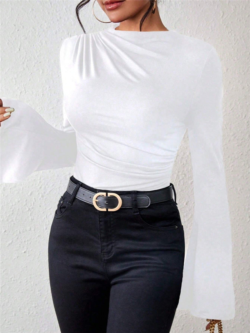 Dames Top met Uitlopende Mouwen en Plooidetail | Basic Slim Fit Top | Given
