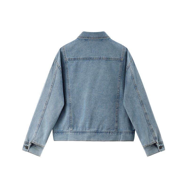 Dames Stijlvolle Korte Denim Biker Model met Grote Kraag | Bazena