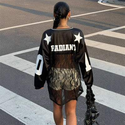 Dames Sportieve V-neck Jersey Top met Kant en Sportprint | Tania