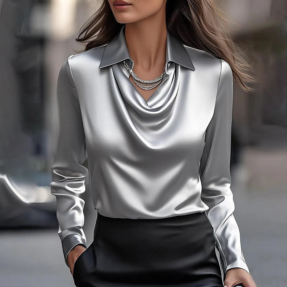 Dames Stijlvolle Trendy Satijnen Look Blouse met Waterval Hals | Hogan